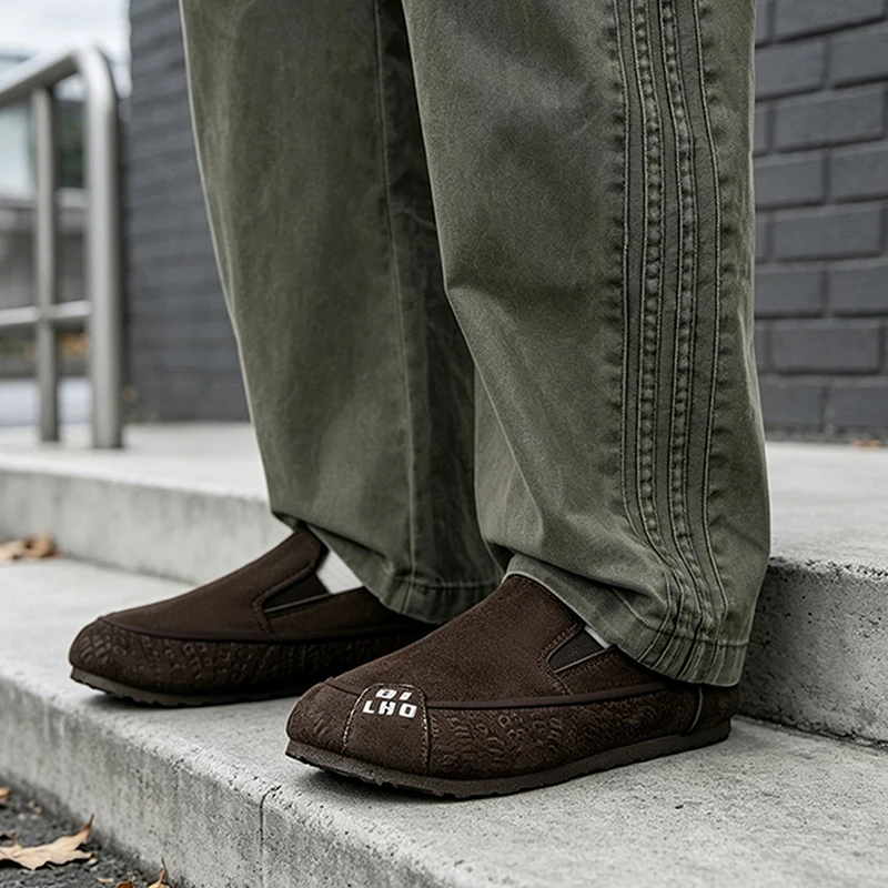 Winter New Style Fleece-Lined Warm Men's Shoes, Suede Slip-On Loafers, Thick-Soled Non-Slip Soft Sole, Plush Lining, Everyday Comfort, Casual Versatile Outdoor Loafers, Large Size 47, Middle-Aged Dad Driving Shoes