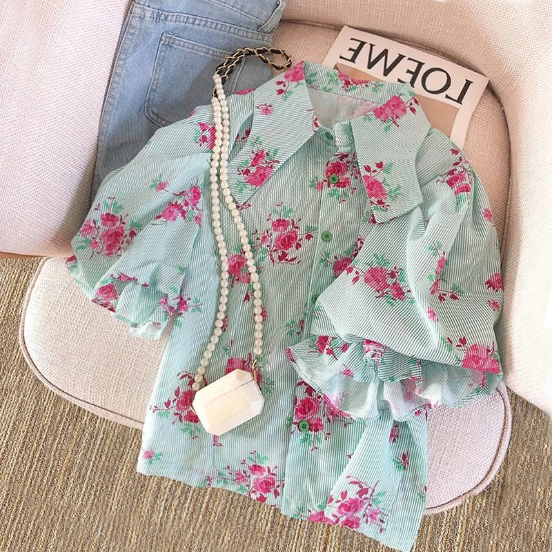 Green Floral Thin Chiffon Shirt Women's Summer New High Quality Striped Puff Sleeve Loose Sweet Commuter Cardigan Top