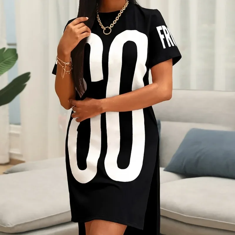 2025 Spring Summer New Women's Round Neck Short Sleeve Letter Printed T-shirt Dress Sexy Mini Dress