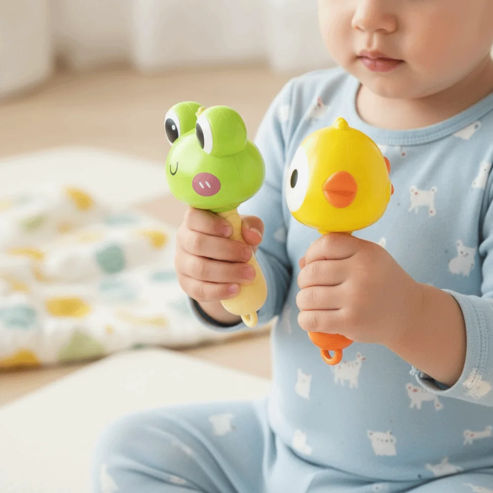 Simpatico martello da sabbia in plastica a forma di rana per bambini, strumento interattivo morbido, martello da sabbia portatile a forma di anatra per bambini piccoli