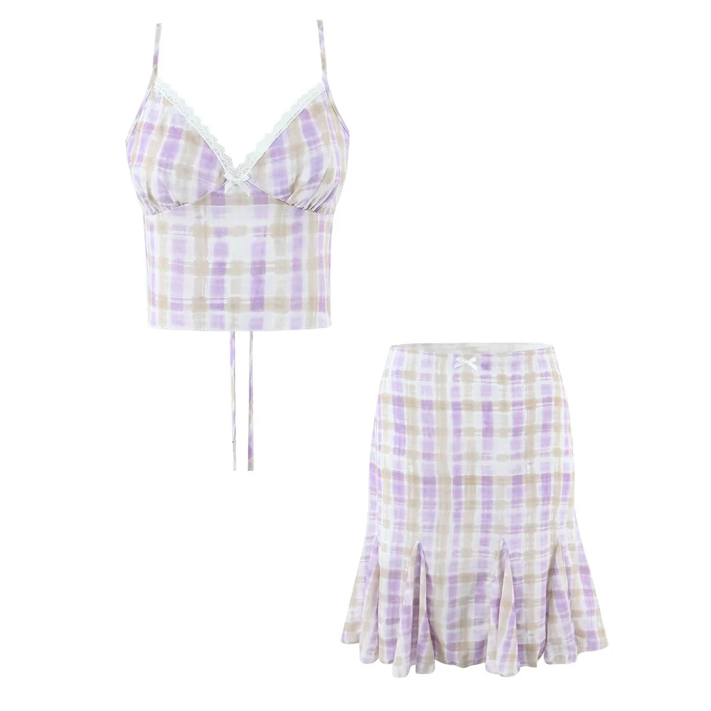 

2026 new women's fashion sexy slim fit plaid V-neck lace short camisole vest high waist ruffled skirt