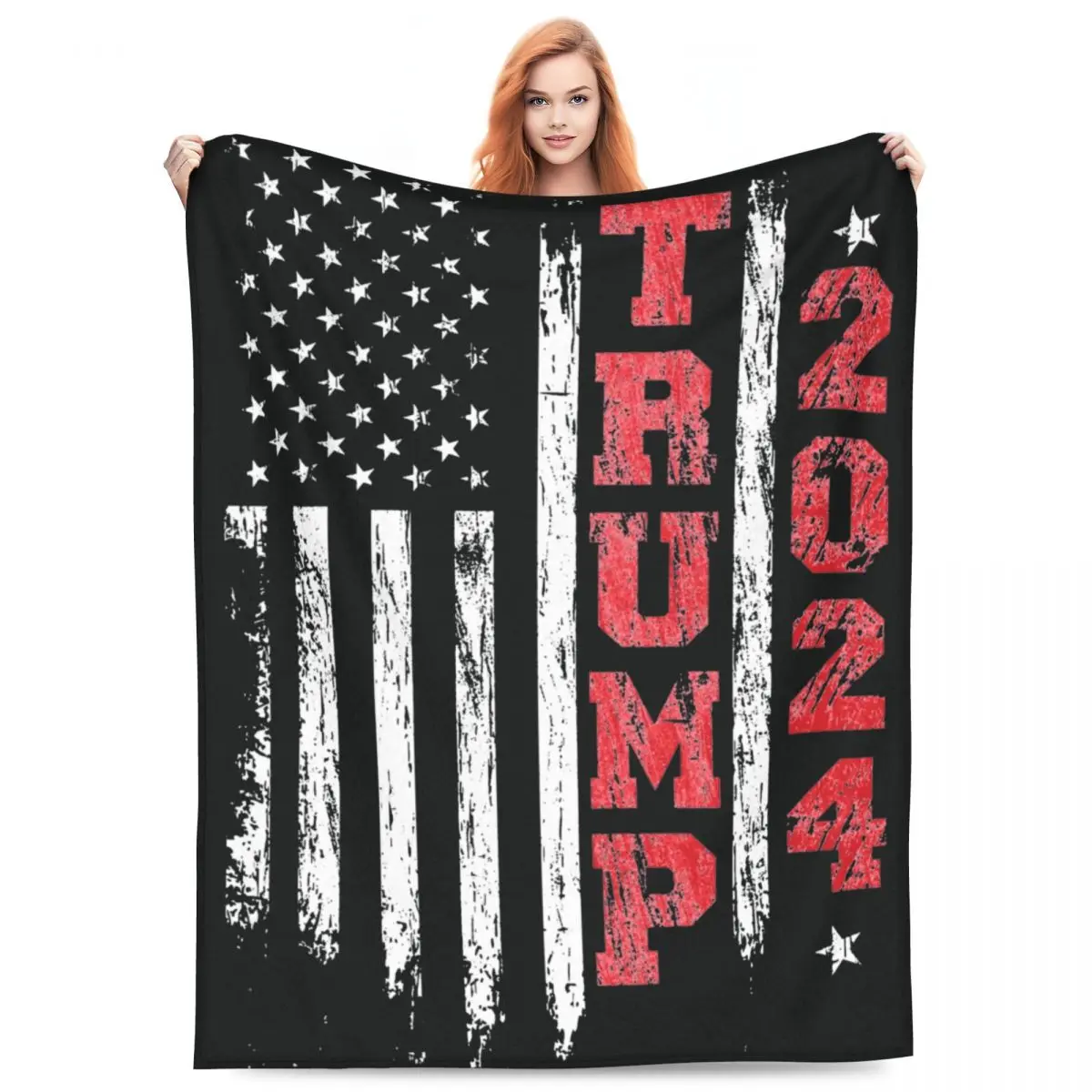 USA Trump 2024 Flannel Blanket Quality Warm Soft American Distressed Flag Throw Blanket Winter Travelling Couch Chair Bedspread