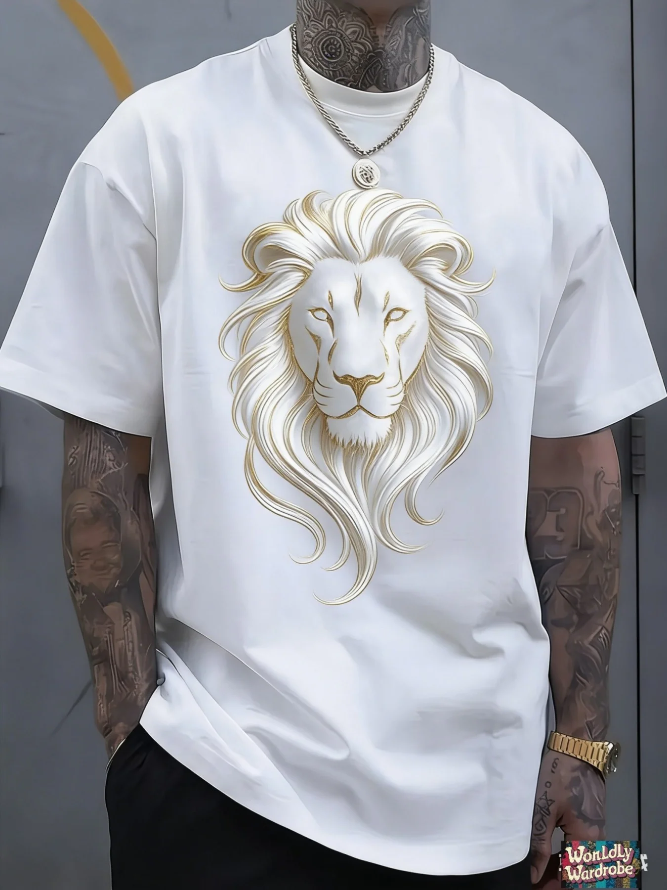 Plus-Size Men'S White Patterned T-Shirt, Loose-Fitting Round-Neck Short-Sleeve Tee, Lion Head Print Design, Casual Street Fashion Top, Plus Size