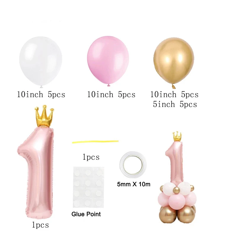 Pink Crown Number Foil Balloons 1st Birthday Party Decorations Kids Girl Boy Baby First One Year Anniversary Globos Supplies