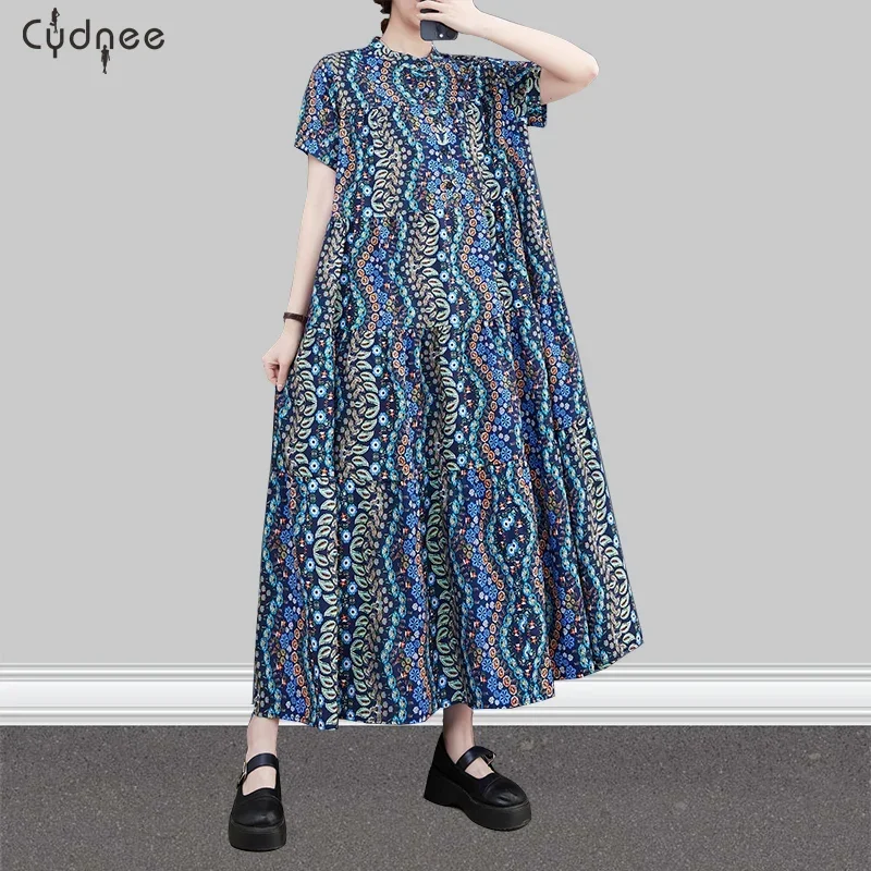 Vintage Chiffon Print Plus Women A Line Multicolor Dress Allover Print Notched Neckline Smock Dress