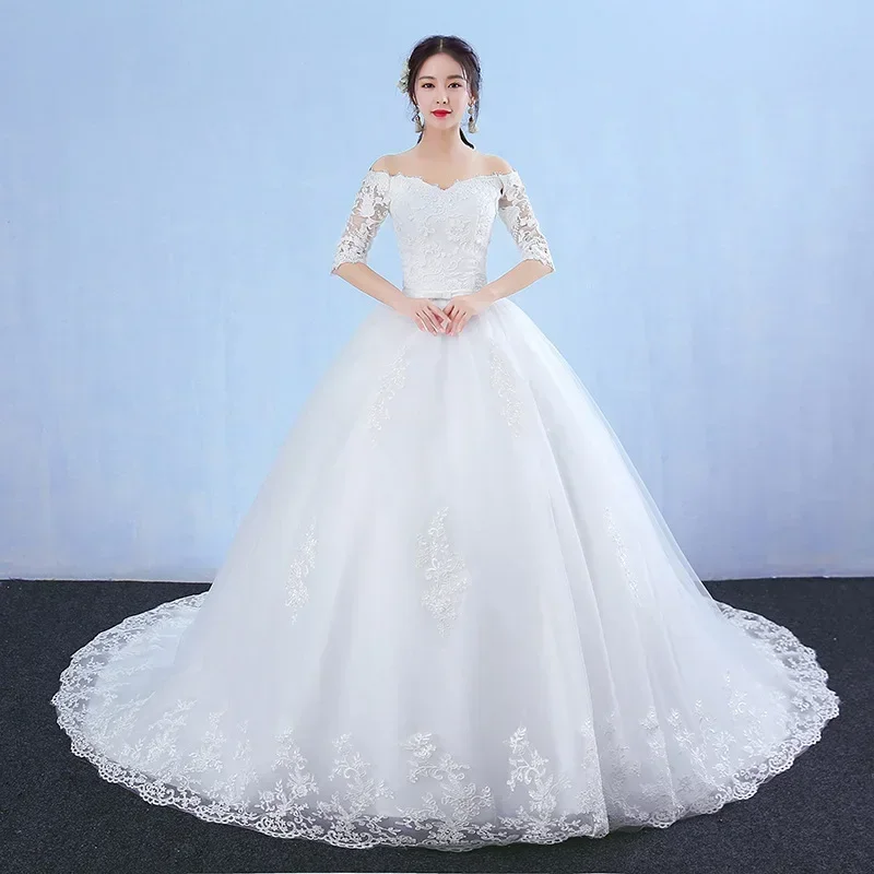 One-word Shoulder Wedding Dress Bride New Long Trailing Dream Princess Korean Long-sleeved Slim Wedding Dress