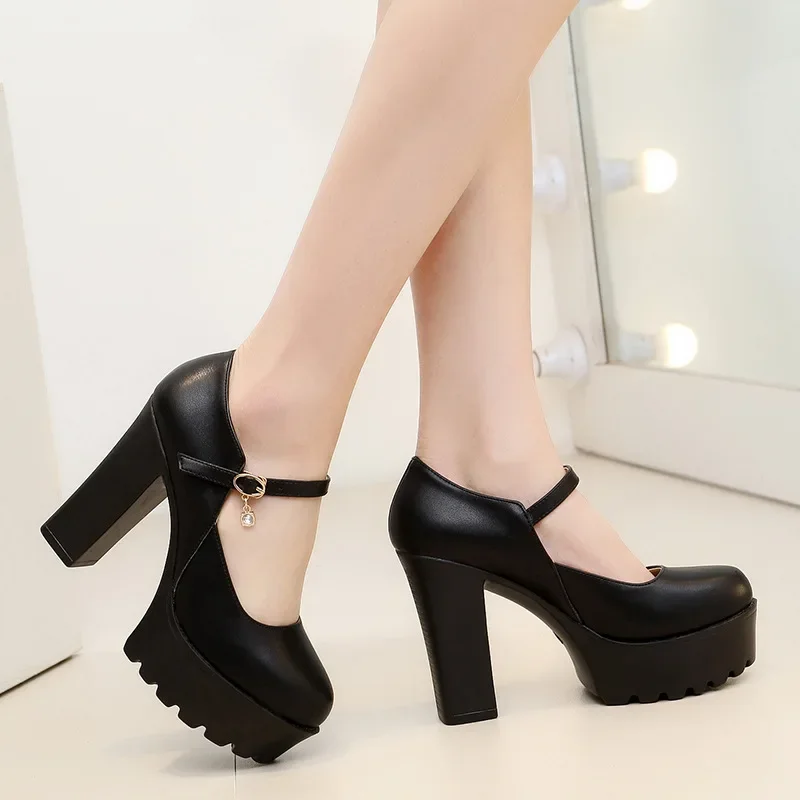 Women's  Split Leather Platform Super High Heels Buckle Ankle Shallow Office Lady Pumps Court Shoes