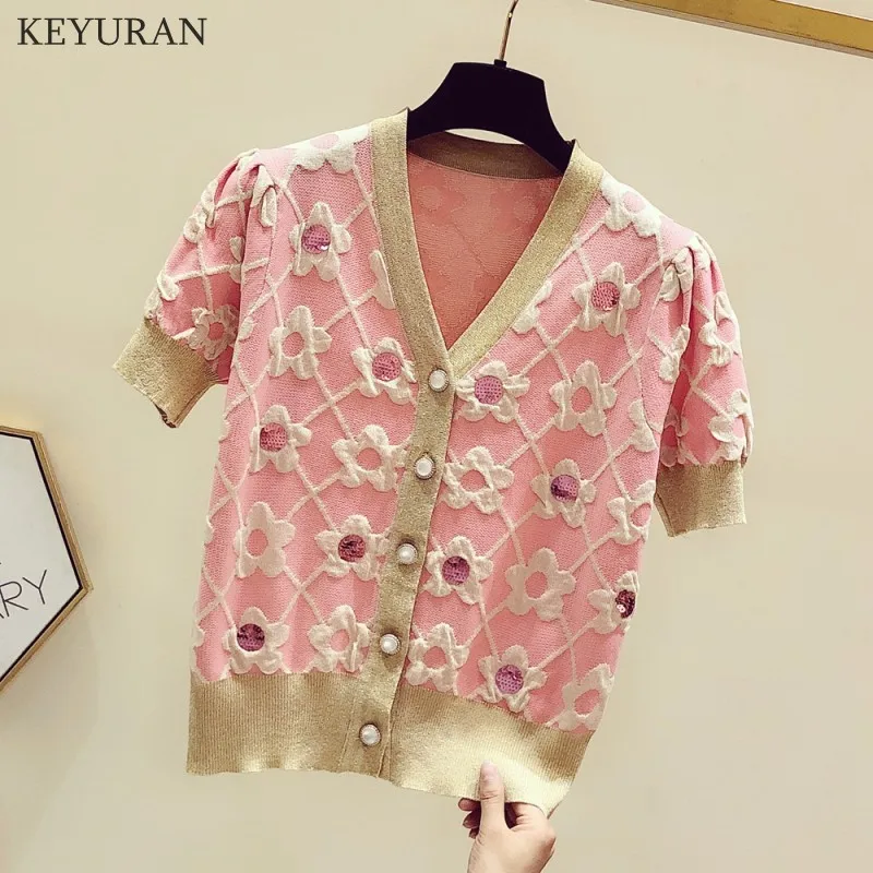 Pink Floral Knitted Cardigan Women Korean Casual V neck Summer Ruff Short Sleeve Thin Single-Breasted Knitwear Corp Tops Female