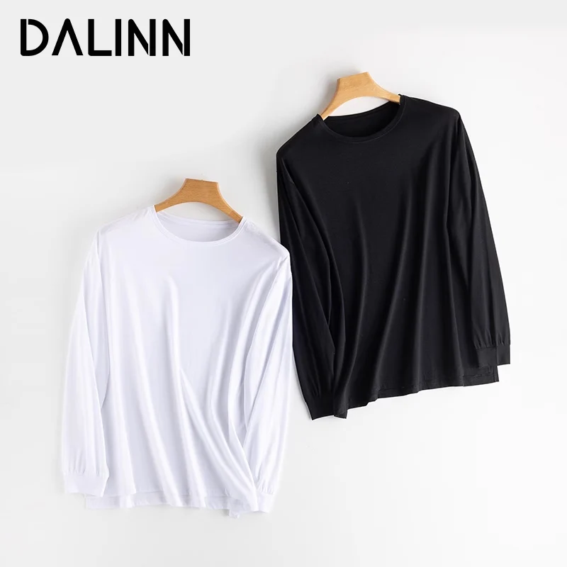 

Woman T Shirts Silk Linen Blend Natural Cozy Tee Long Sleeves O Neck 2023 Spring Summer Plain Top Black White DALINN