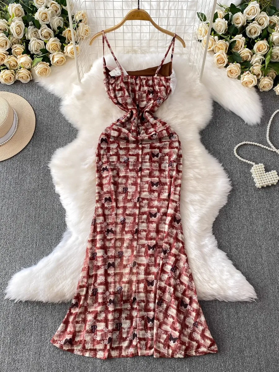 فستان Foamlina الفرنسي الجمالي منقوش عليه رسن من الدانتيل فستان نسائي صيفي بخصر محكم للتخسيس وفتحة كشكش فساتين طويلة