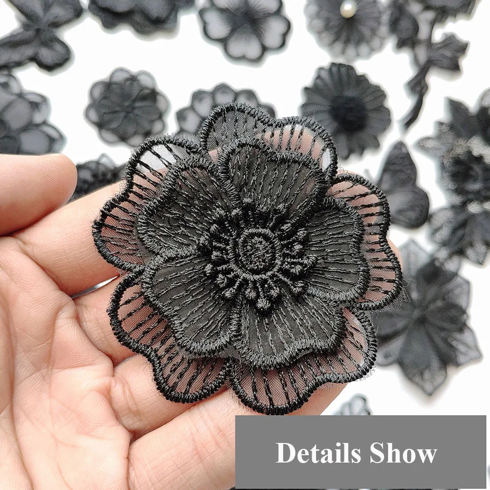 10Pcs/Lot Sew On Lace Flower Patches Black Organza Flower Butterfly Appliques for Dress Clothes DIY Decoration