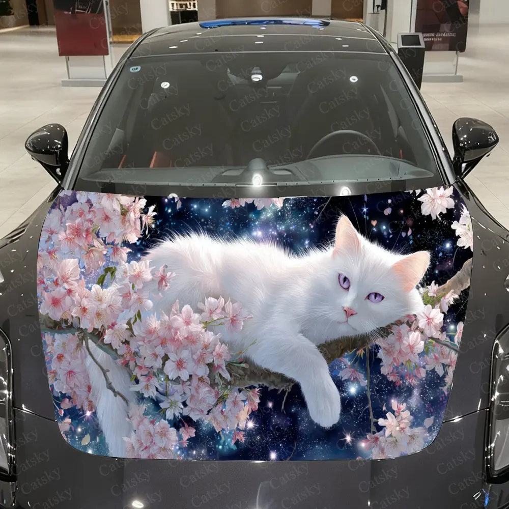 

Виниловая пленка для автомобиля с рисунком розовой вишневой ветки и кошки, водонепроницаемая наклейка на капот автомобиля из ПВХ, самоклеящиеся устойчивые к царапинам наклейки