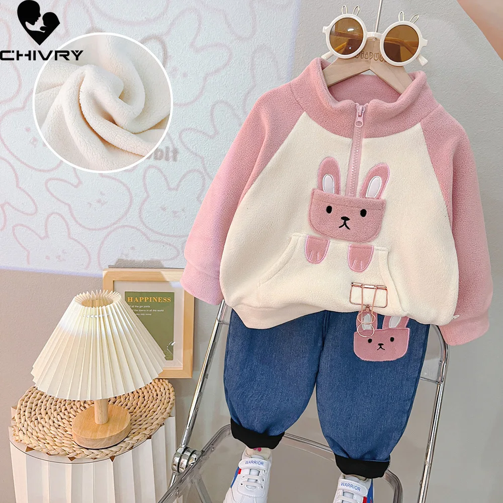 New Kids Boys Winter Cute Cartoon Bear Fleece Thicken Warm Pullover Sweatshirt Tops with Jeans Baby Girls Casual Clothing Sets