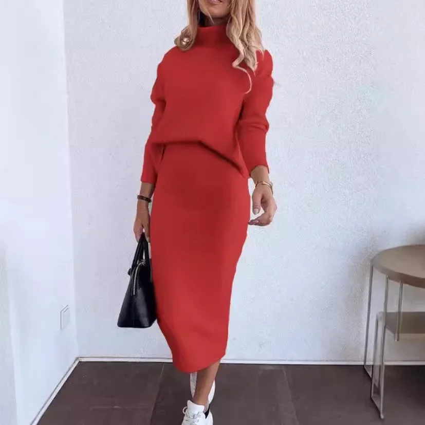Casual Two Piece Sets Women Outfit Autumn Winter Long Sleeve Mock Neck Sweatshirt & Fashion New High Waist Skirt Set