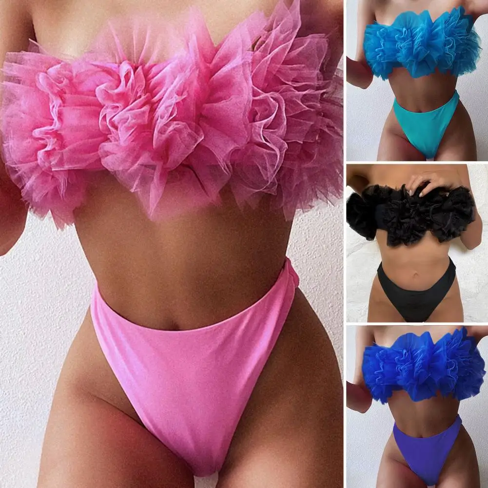 Split kostium kąpielowy Bikini z odkrytymi ramionami Set Top bez ramiączek dół z wysokim stanem Bikini Set