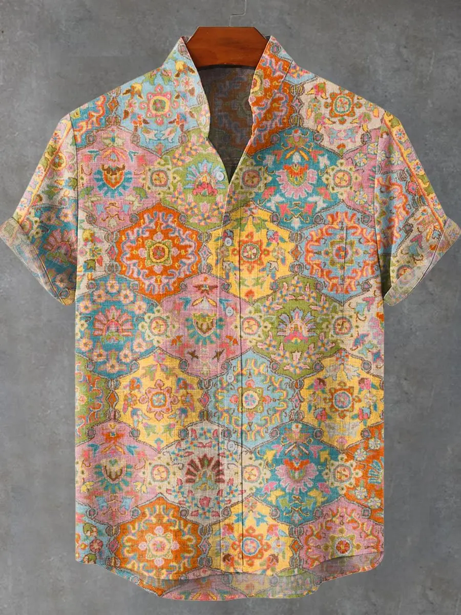 

Fashionable summer 3D printed pattern retro art pattern men's linen short sleeved shirt stand collar single row button up shirt