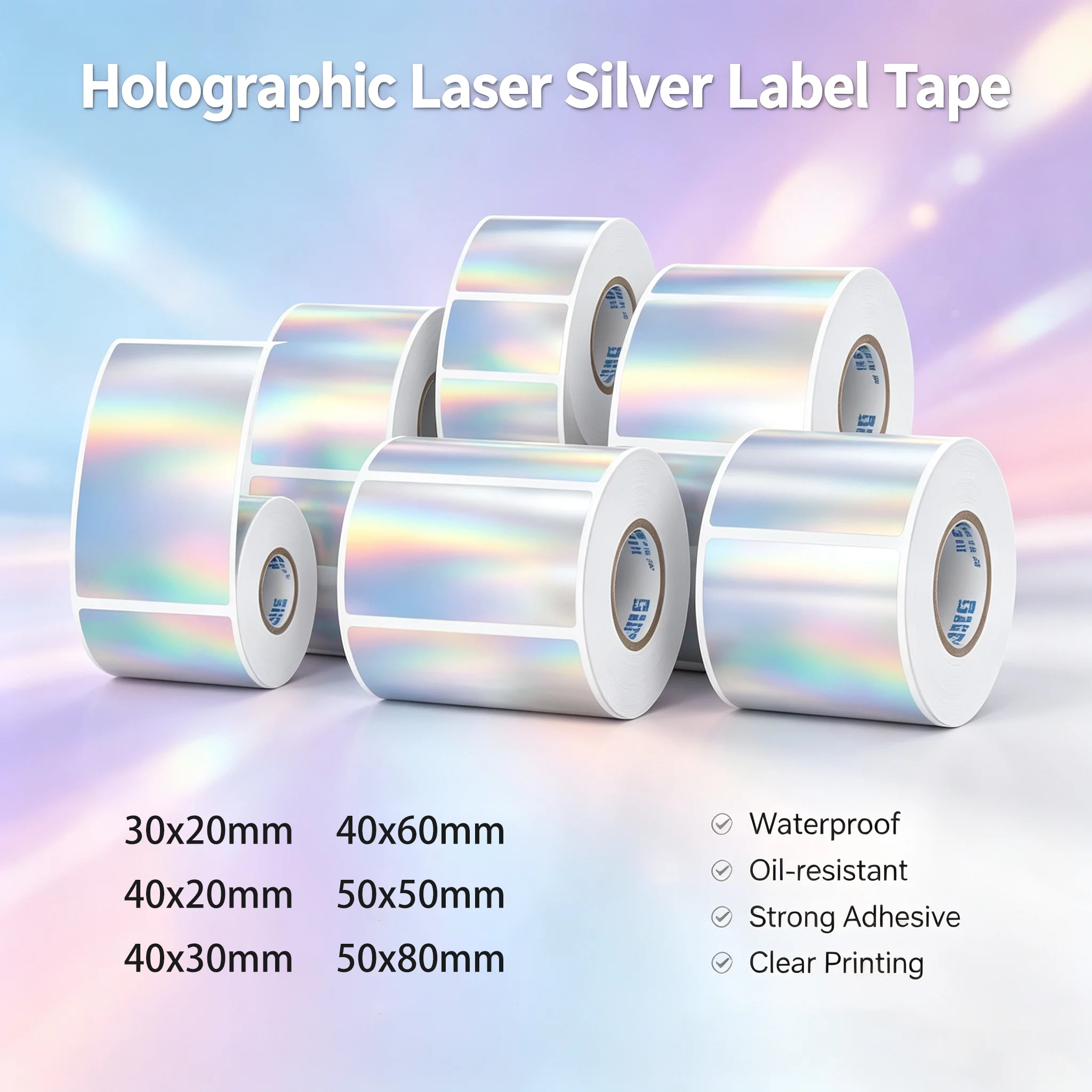 1Roll 30-50mm Holographic Laser Silver Label Compatible FOR M110 M120 M220 M200 Munbyn/Nelko E210 P50 Maker Gift Wrap Envelope