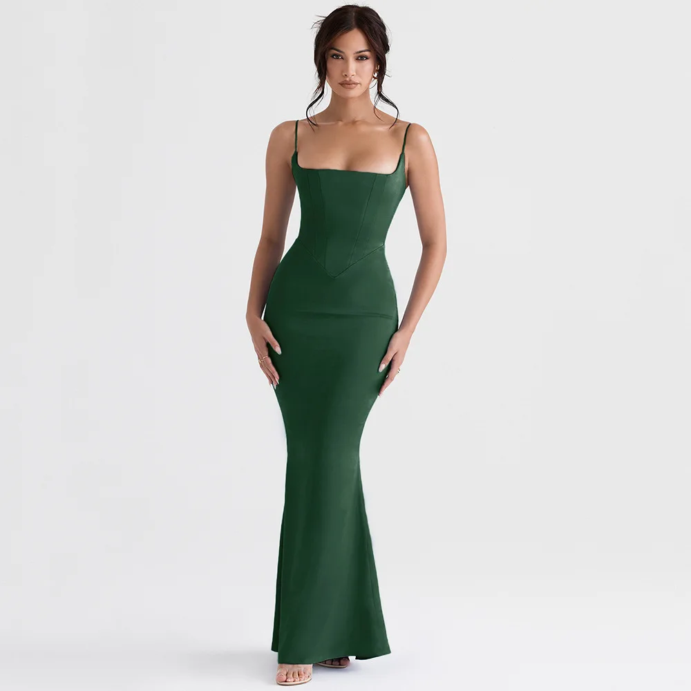 Mingmingxi Spaghetti Strap Green Prom Dress Sexy Maxi Bodycon Evening Night Party Dresses with Lining Female Wome Dresses 2023