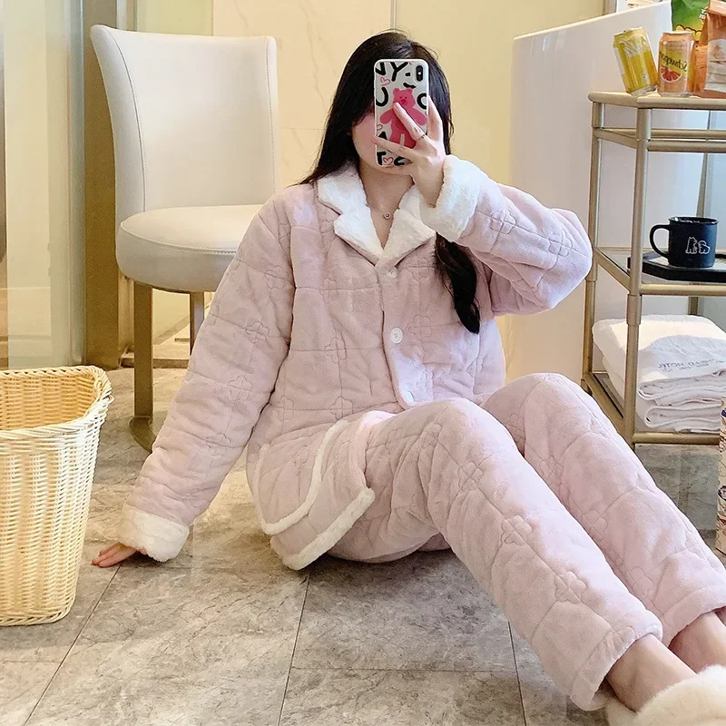 New Warm Pink Thick Pajamas Women Winter Nightgown Flannel Suit Coral Fleece Autumn Winter Loungewear Comfort Simple Sleepwear