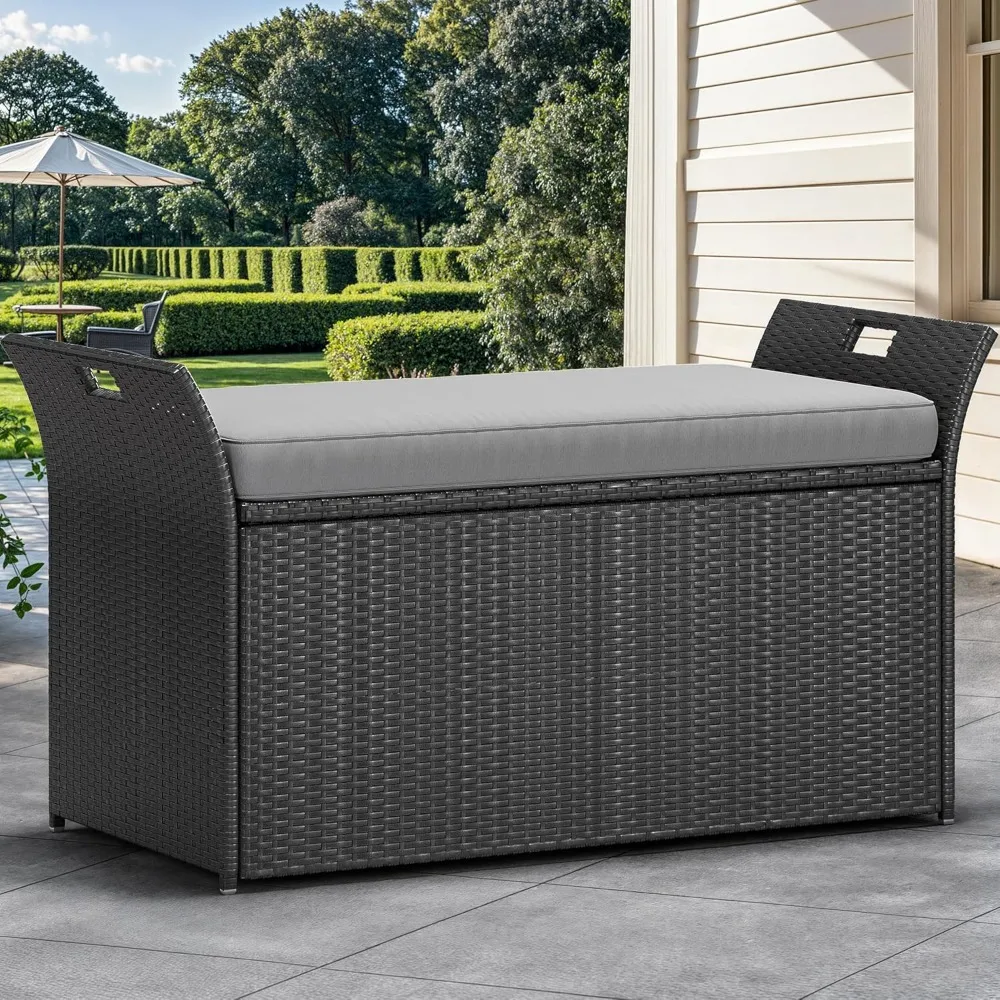 

90 Gallon Outdoor Wicker Storage Bench w/Cushion, Large PE Rattan Deck Storage Box w/Handles & Hydraulics for Patio Fur