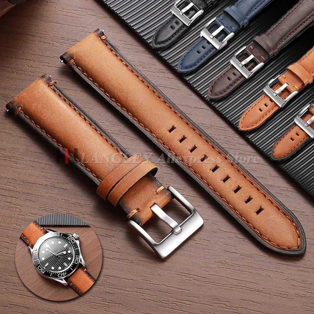 Quick Release Vintage Cowhide Leather Watch Strap 20mm 22mm 24mm for Fossil for Huawei Watch GT4/GT5 Bracelet Brown Accessories