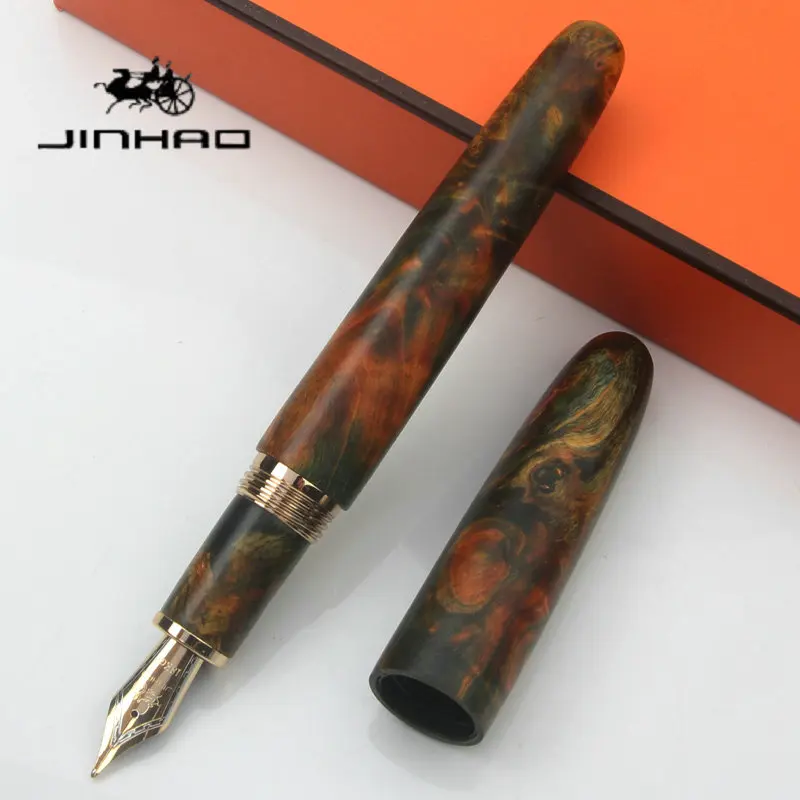 JINHAO Handmade Stabilized Burl Wood Fountain Pen Gold Plated EF/F/M Nib Ink Converter Smooth Writing Business Gift Stationery