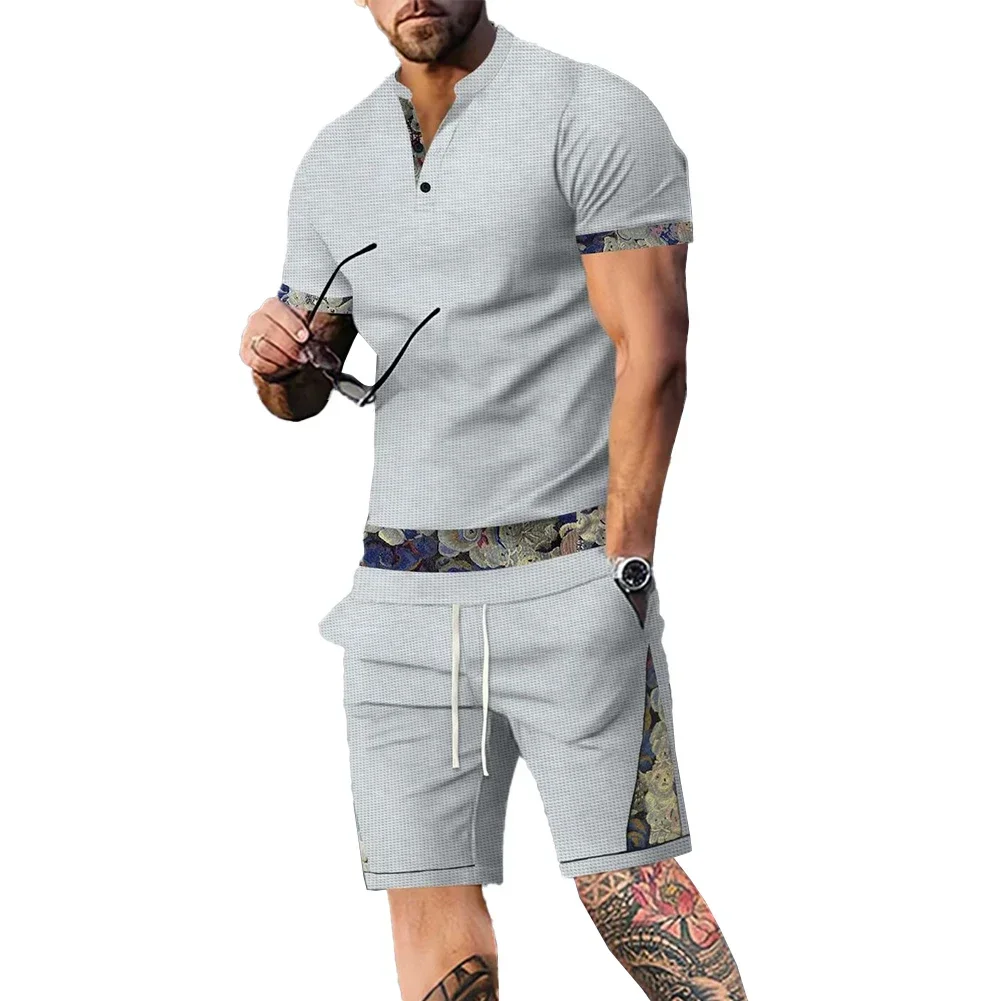 Stylish Comfy Fashion Hot New Men's Tracksuit Short Daily Holiday Print Regular Slight Stretch V Neck Vacation