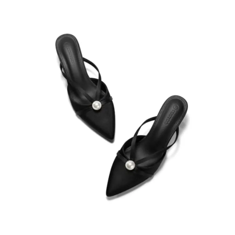 

Coutgo Womens Pearl Kitten Heels Mules Closed Pointed Toe Sandals Satin Wedding Party Dress Shoes