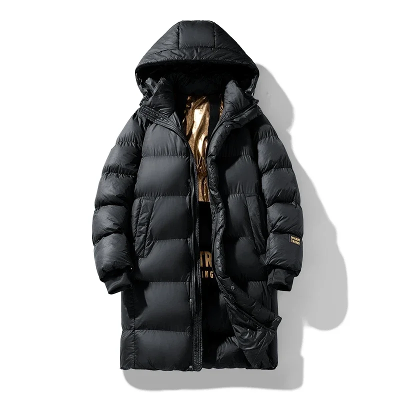 

Black Color Men Mid Length Cotton Padded Coat Winter Fashion Hip Hop Streetwear Hong Kong Style Solid Color Hooded Jacket