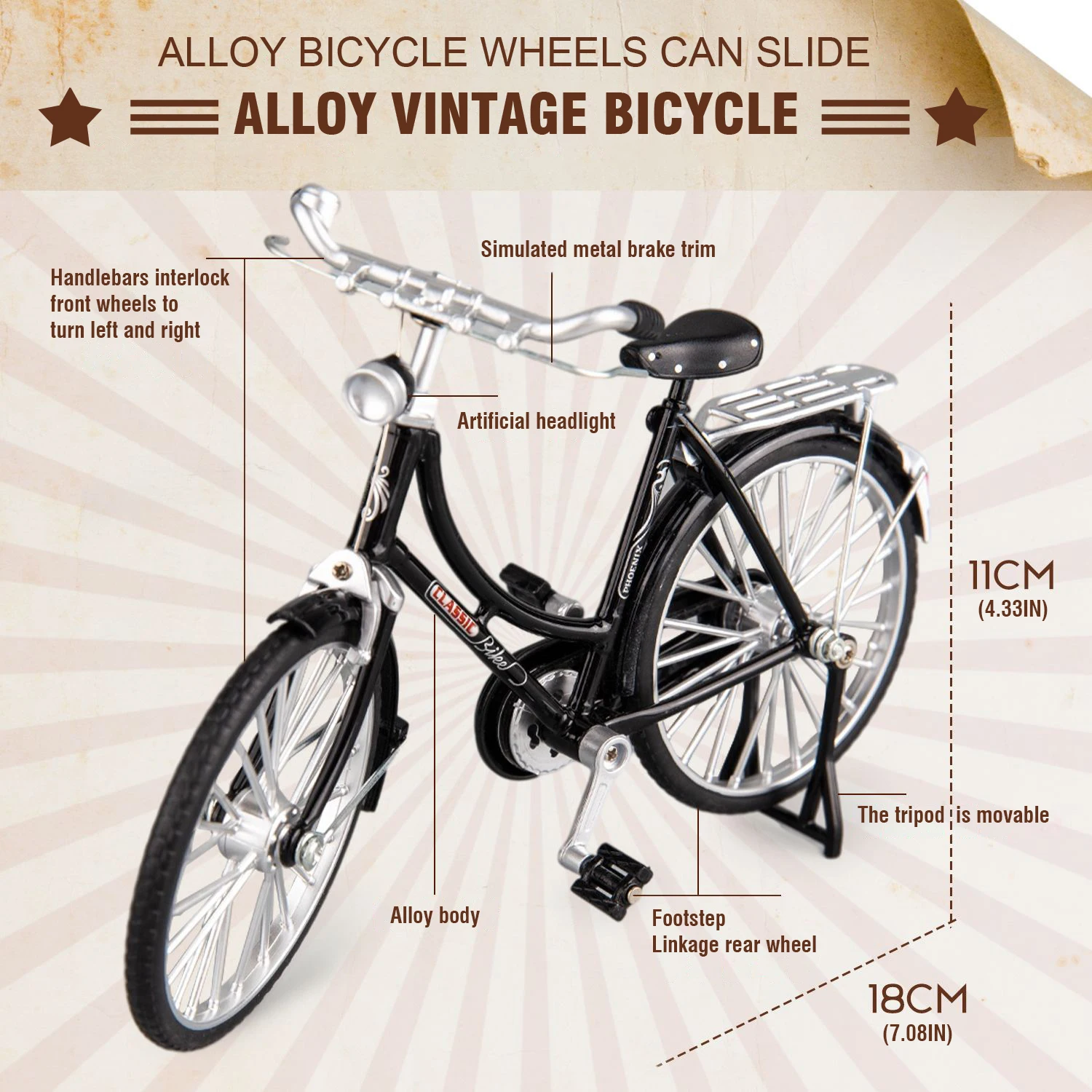 Alloy Classic Bicycle Model 1:10 Mini Diecast Simulation Mountain Metal Finger Old-Fashioned Bike Model Collection Kids Toy Gift