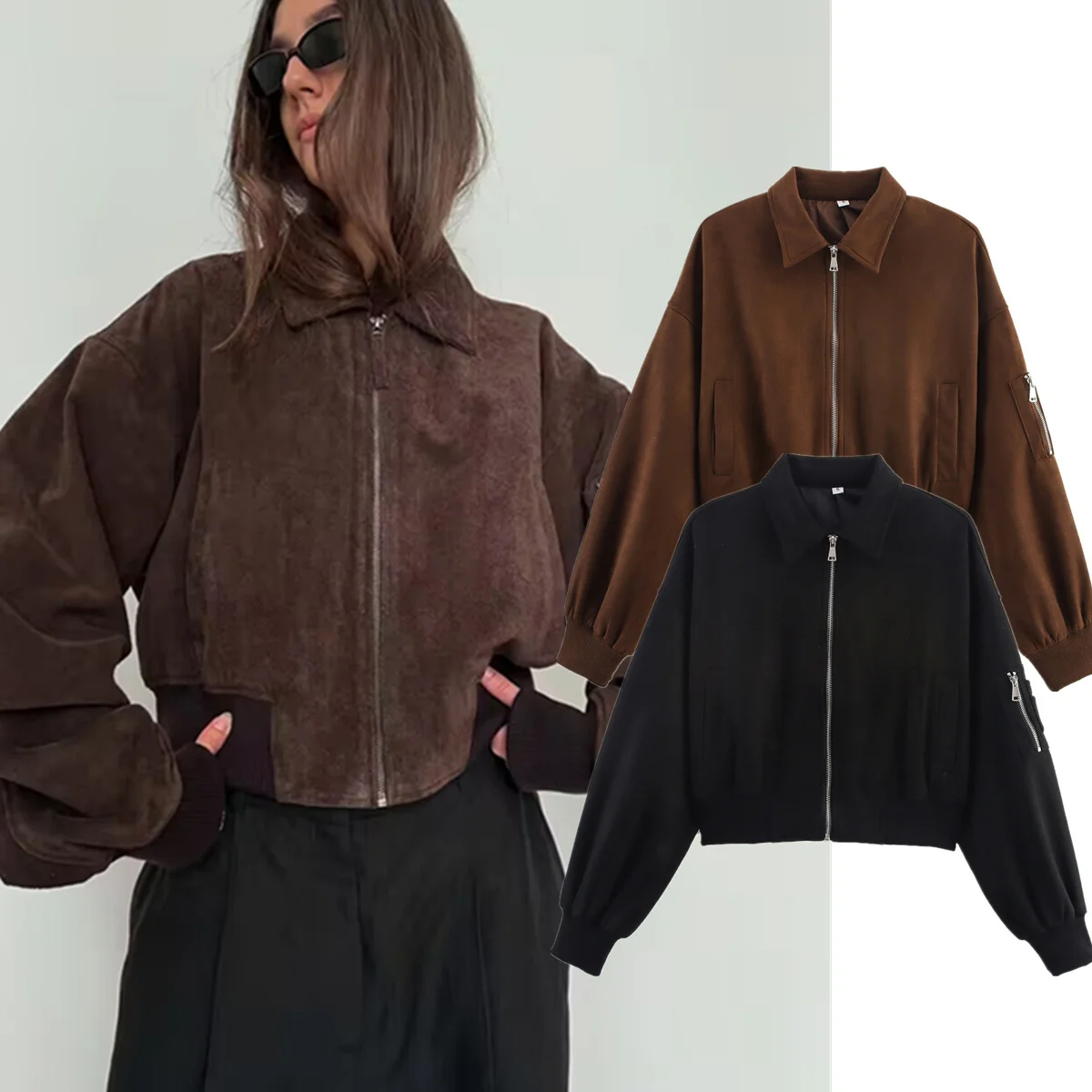 

Dave&Di осенне-зимняя женская куртка-бомбер во французском винтажном стиле, свободная короткая куртка в стиле бойфренда с карманами, женский топ