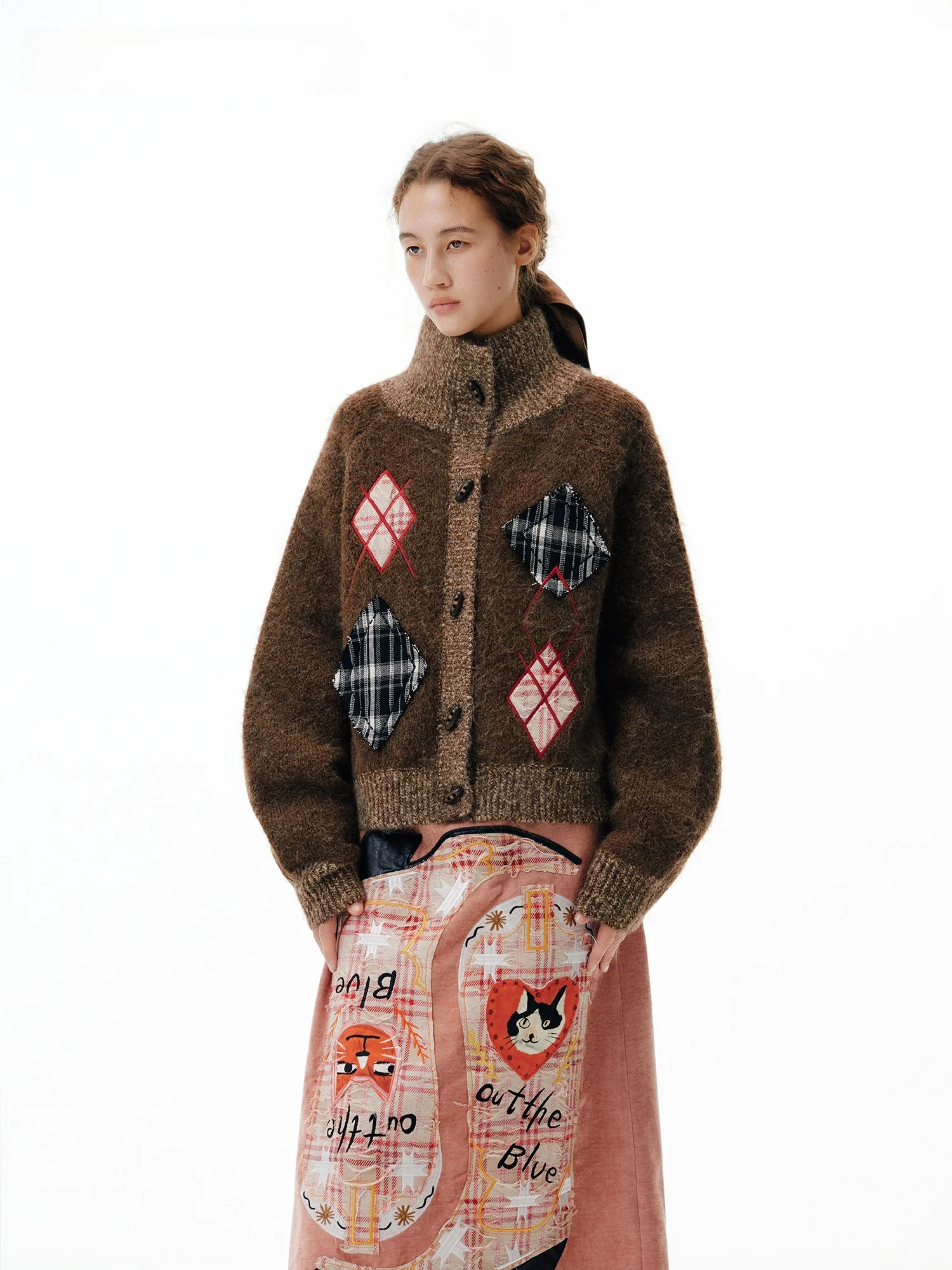 

Outthe Blue Новая вязаная кофта-кардиган с высоким воротником, вышивкой и ромбовидным узором, теплая, для осеннего сезона, женская