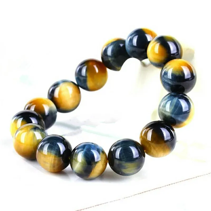 Natural Gold Blue Tiger's Eye Round Beads Bracelet Gemstone Woman Men Yellow Blue Tiger Eye Bangle Jewelry 10mm 12mm 14mm AAAAAA