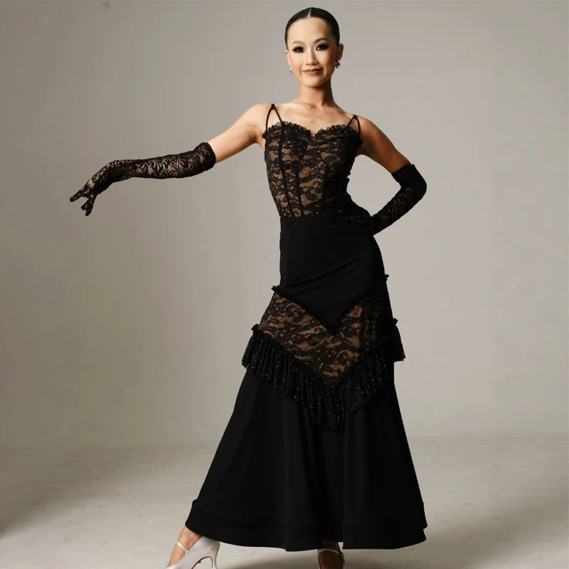 

Одежда для современного вальса для женщин, костюм для соревнований по бальным танцам, кружевной топ для латинских танцев, длинная юбка, платья для взрослых, SL14893
