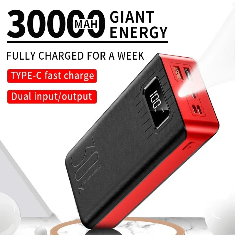 Portable 30000mAh Power Bank Fast Charging Charger Digital Display Large Capacity External Battery Pack with LED for mi IPhone