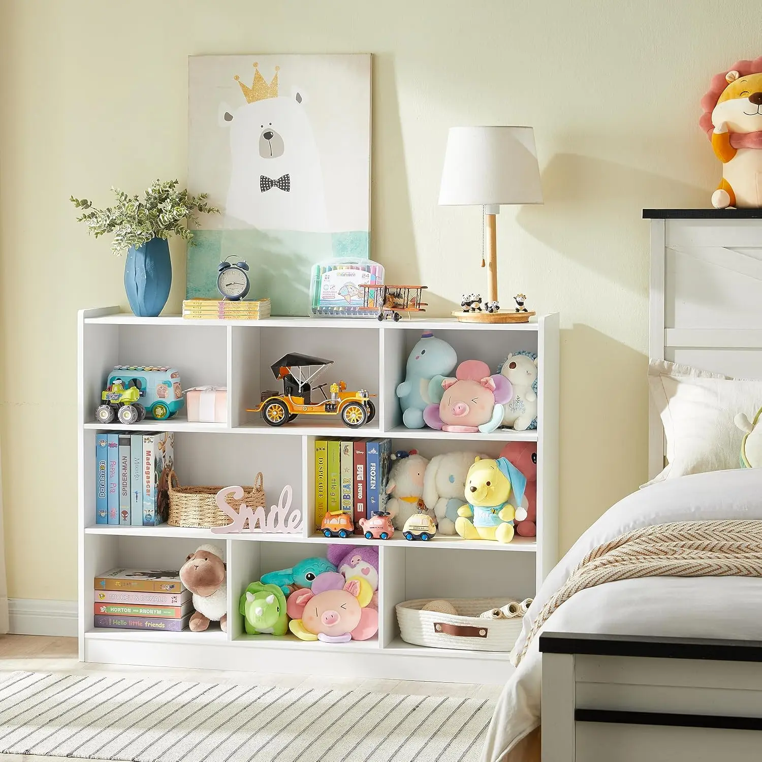 رف كتب خشبي من 3 طبقات، خزانة تخزين مكونة من 8 أقسام، باللون الأبيض