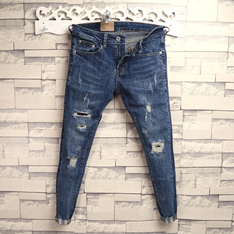 Fashionable  Mustache Distressed Jeans Men's Youth Korean Style Slim Fit Tear 9 Split Knee Patch Slim Pants
