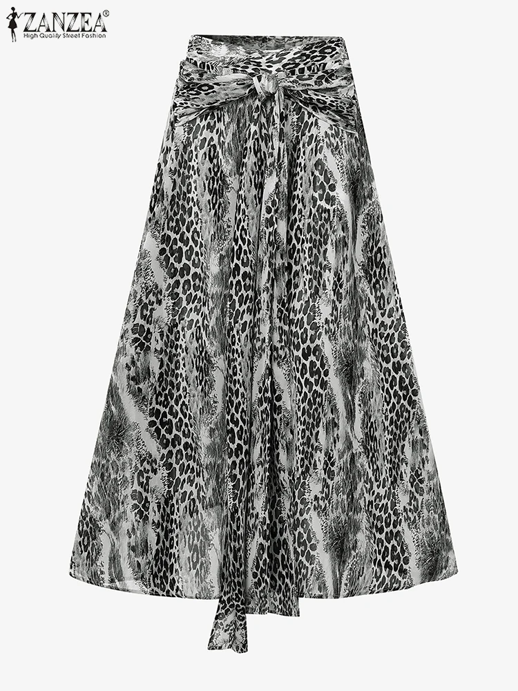 ZANZEA 2025 Women Autumn Leopard Print Long Skirts High Split Bohemian Beach Skirts Casual Elastic Waist Bandage Maxi Overskirts