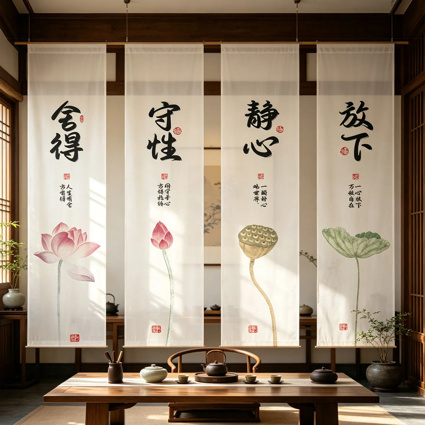 Zen Room Divider Screen – Chinese Ink Lotus & Calligraphy Curtain, Sheer Soft Wall for Tea Room, Tatami & Meditation Decor