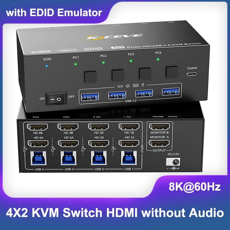 

KVM Switch 2 Monitors 4 Computers HDMI, 8K@60Hz, 4K@144 Hz USB 3.0 KVM Switcher Box with EDID Emulator for 4 Computers