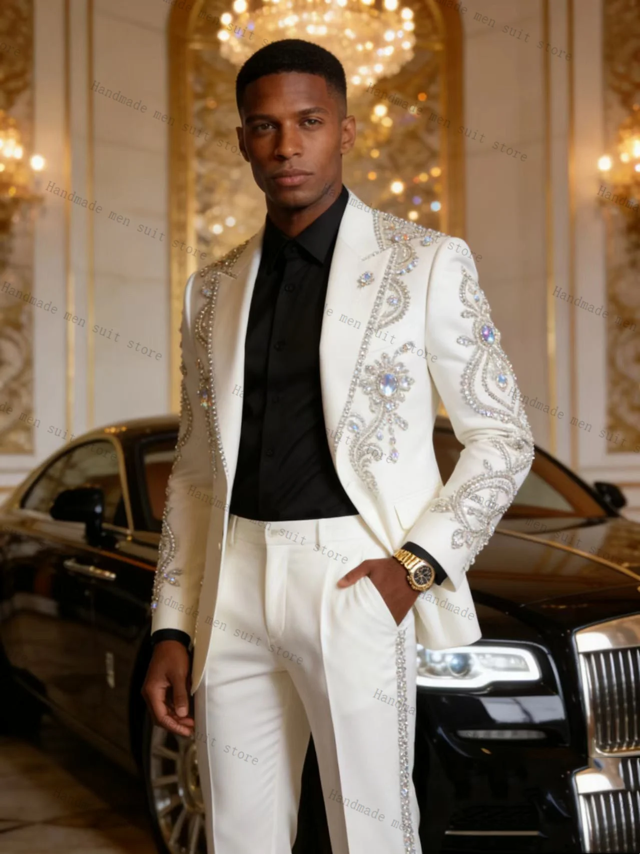 

Crystals Stone Men Suit Set 2 Piece White Blazer+Pants Prom Wedding Tuxedos Coat Cotton Customized Formal Office Business Jacket