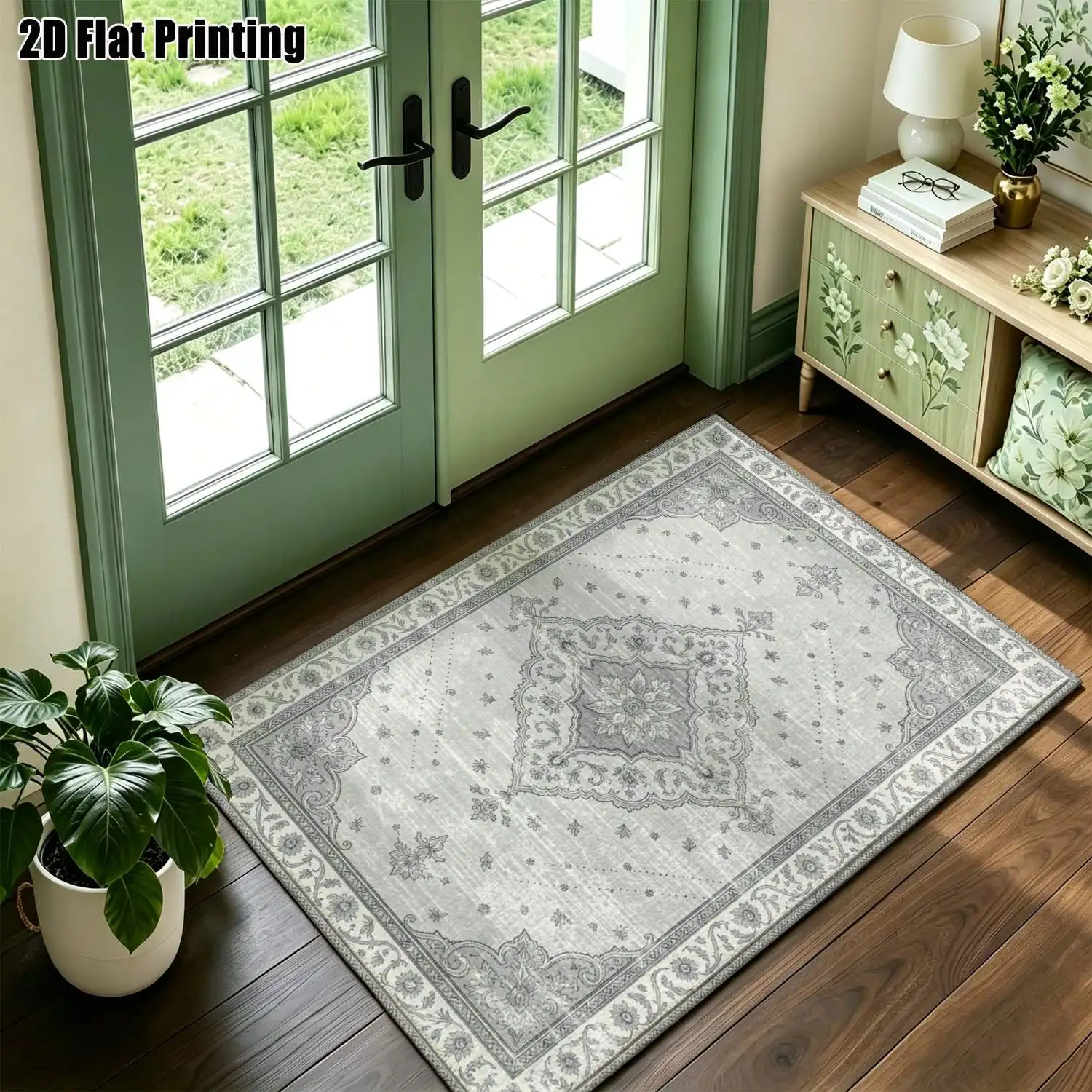 1Pc 2D Printed Light Gray Retro Patterned European Geometric Carpet, Home Decor, Multi-Size, Machine Washable, Suitable for Entrance/Dining Room/Foyer/Bedroom/Living Room