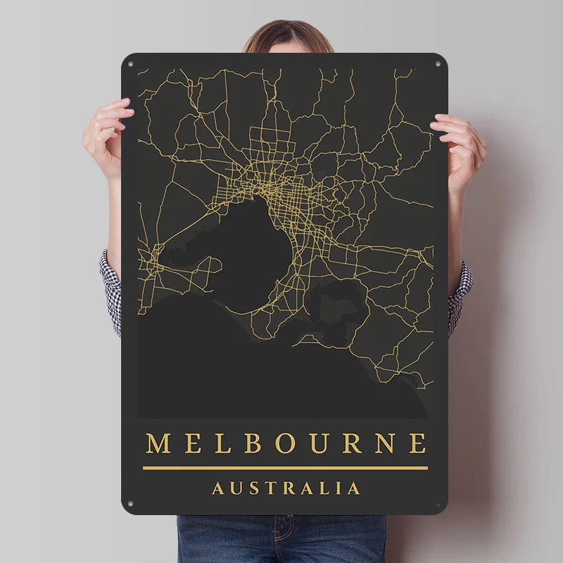 Melbourne Australia Map Art Metal Poster Custom Wall Art Retro Vintage Tinplate Signs for Man Cave Gaming Room Decoration Garage