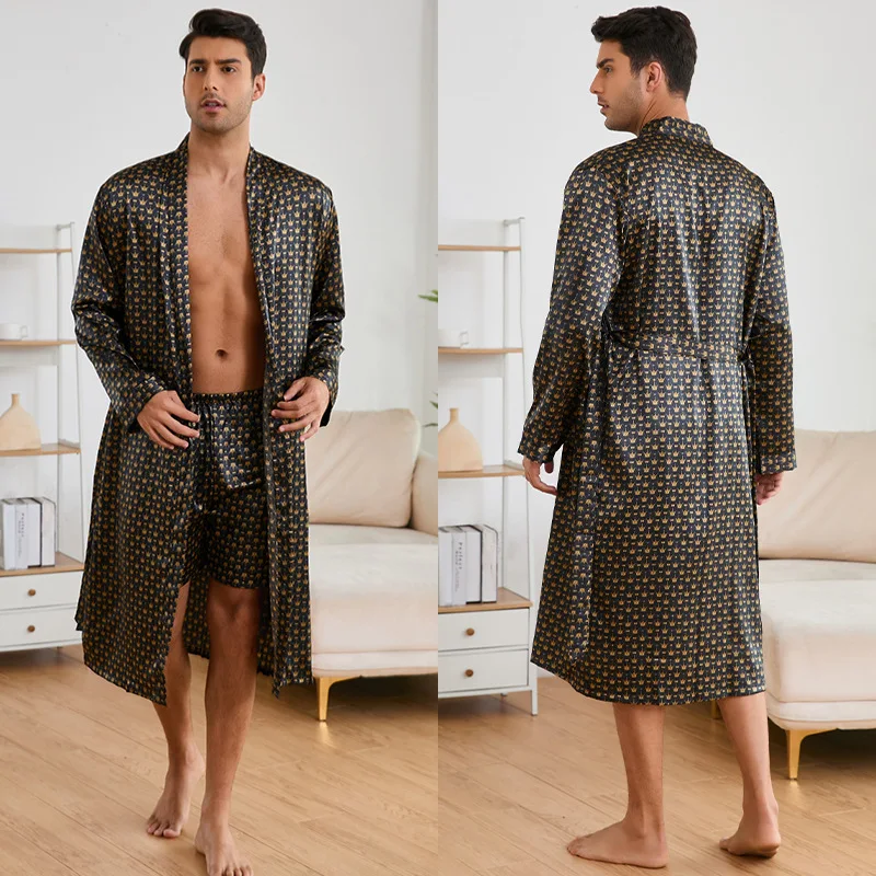 Men\'s Long Robe Pajamas Two Piece Set Print Tiger Ice Silk Sleepwear Kimono Bathrobe Gown Loose Casual Homewear Lounge Wear