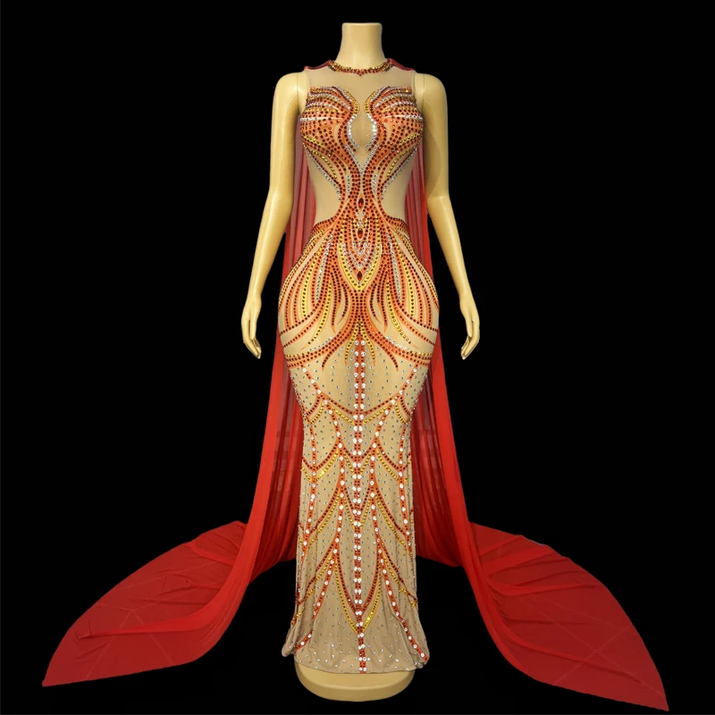 

Fashion Jazz Performance Costumes Catwalk Gown Full Rhinestones Cloak Dress Women Party Evening Dresses Stage Wear XS10452