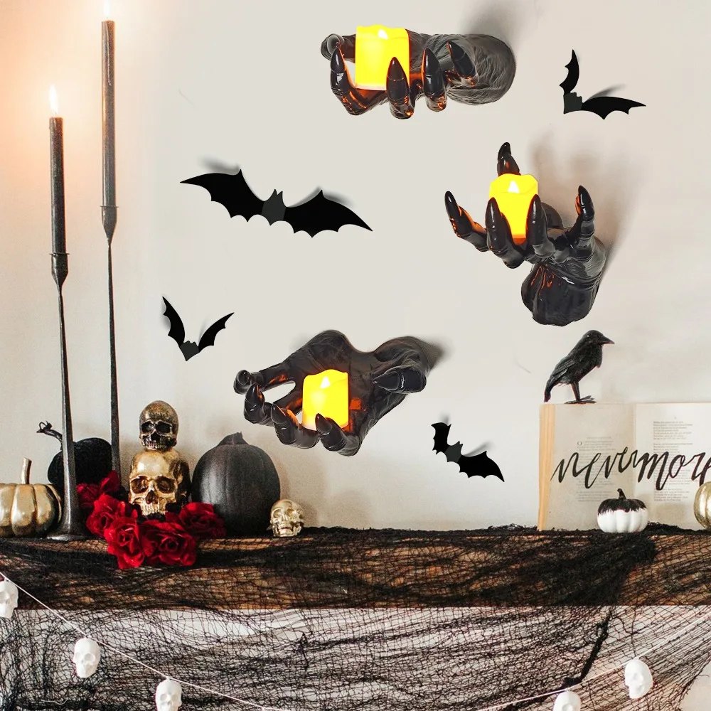 

3Pcs Realistic Halloween Wall Mounted Devil's Hand Black Plastic Halloween Life-Sized Hands Decoration with Candle