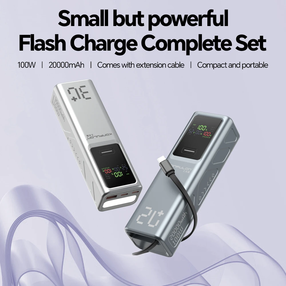 

Портативный внешний аккумулятор 20000 мАч, 100 Вт PD, со встроенным кабелем, быстрая зарядка QC 22.5 Вт, для FCP AFC VOOC, Oppo, OnePlus