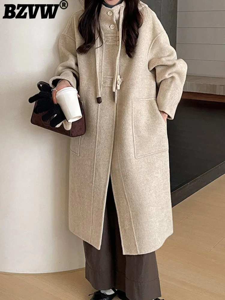 

BZVW Korean Style Double Sided Woolen Coat Hooded Single Breasted Pockets Design Solid Color Mid Length Coats 2024 New 25A9118