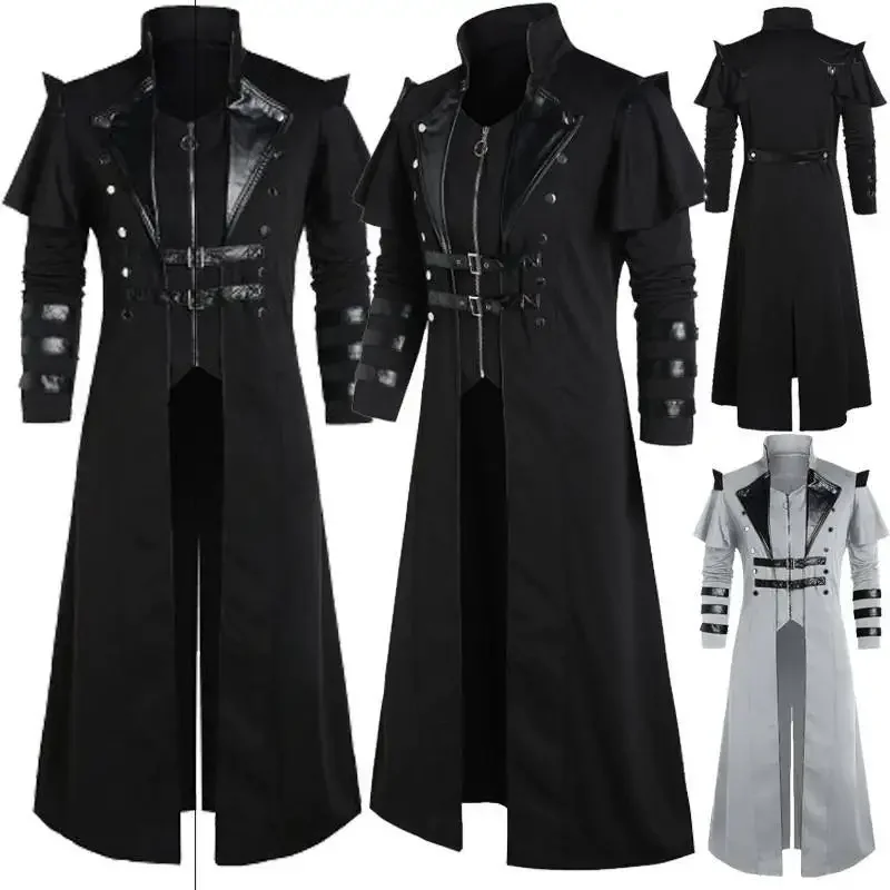 Halloween Costume Medieval steampunk Orthopedic Pirate Costume For Adults Black Vintage Long Split Jacket Armor G