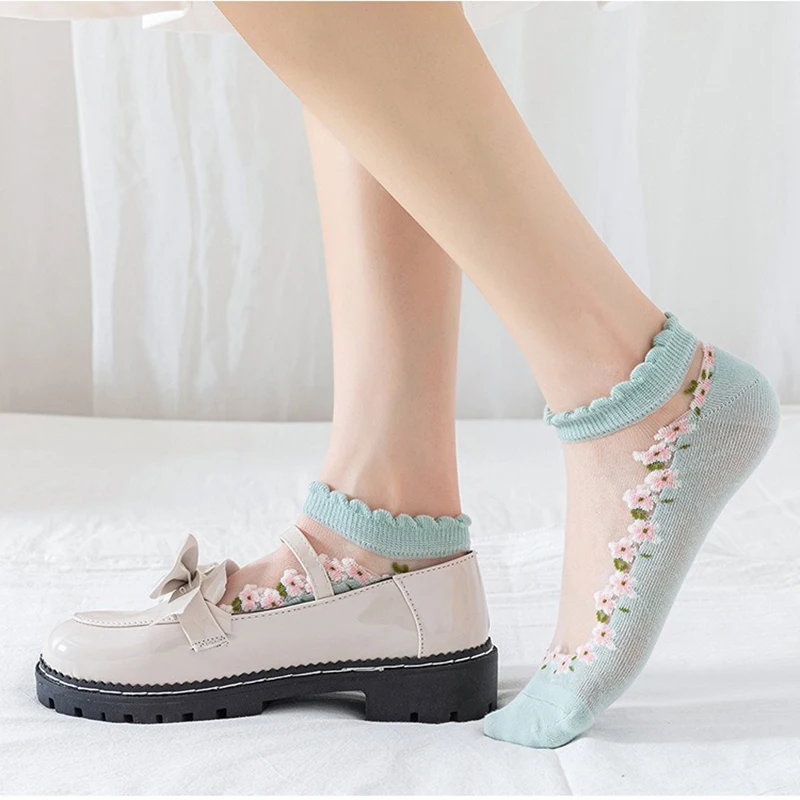 7 Pairs Women Floral Printed Transparent Socks Fashionable Cute Lace Sweat Absorbing Breathable Soft Comfortable Casual Socks image 4